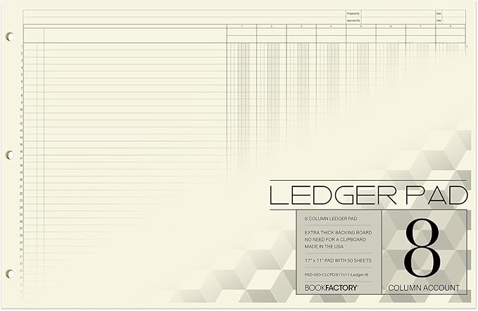 BookFactory Ledger Pad/Large 8 Column Accounting Ledger Columnar (Eight Columns) Pads - 17'' x 11'', 50 Pages, Notepad Landscape Format (Made in USA)