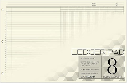 BookFactory Ledger Pad/Large 8 Column Accounting Ledger Columnar (Eight Columns) Pads - 17'' x 11'', 50 Pages, Notepad Landscape Format (Made in USA)