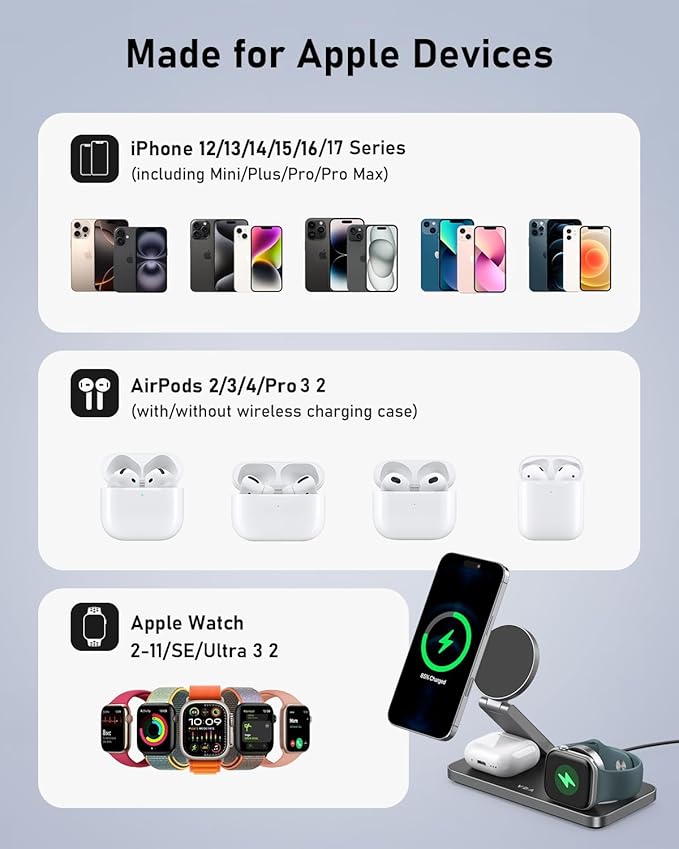 VBA 3 in 1 Wireless Charging Station for Apple MagSafe Charger,Foldable Fast Charging Magnetic Wireless Charger Stand,Travel Charger for iPhone 17 Air 16 15 14 13 12,Apple Watch,AirPods (Black)