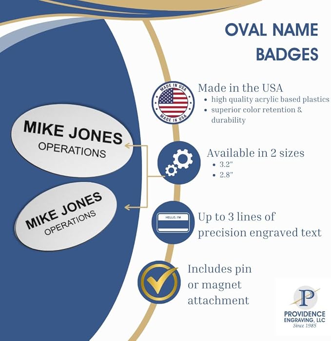 Custom Engraved Name Tag Badges – Personalized Identification with Pin or Magnetic Backing, 2.8 Inch Oval, European Gold/Black
