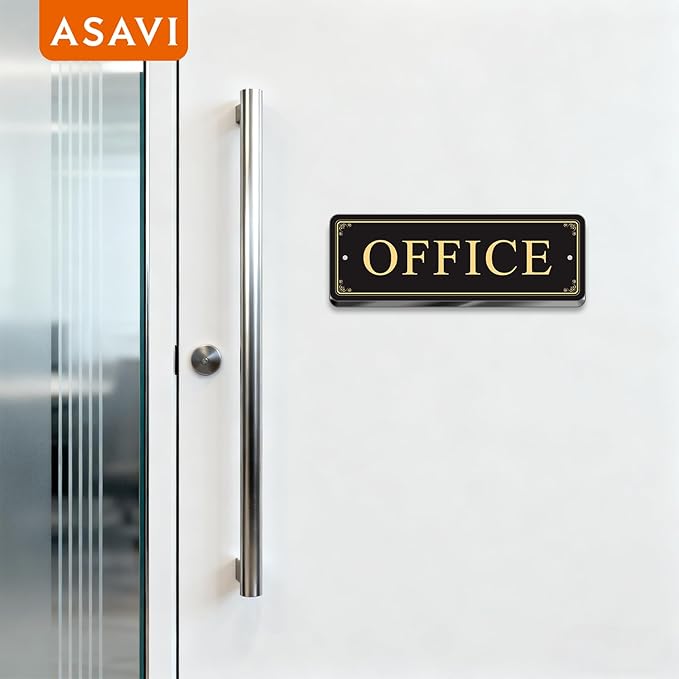 ASAVI “OFFICE” Acrylic Door Sign – Waterproof & Fade-Resistant Office Label with Strong Adhesive + Pre-Drilled Holes (8.7"x3") | Ideal for Doors and Walls in Offices, Lobbies, and Workspaces (Black gold)