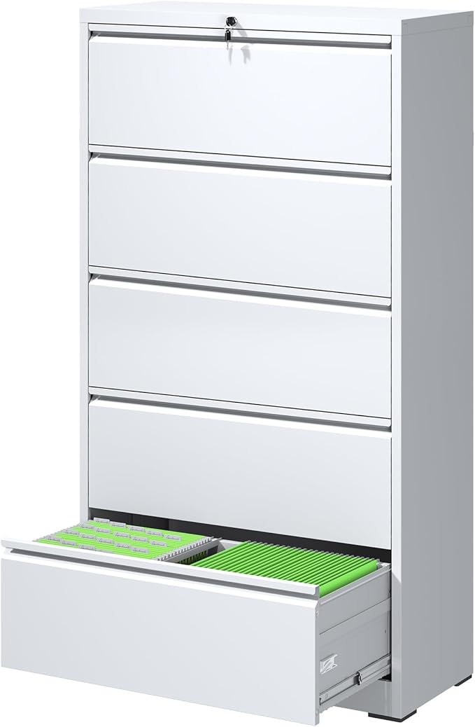 FLIXELIO 5 Drawer Metal Office Storage Filing Cabinet with Lock, White Lateral File Cabinet for Home Office, Horizontal Locking for Legal/Letter/A4, Assembly Required