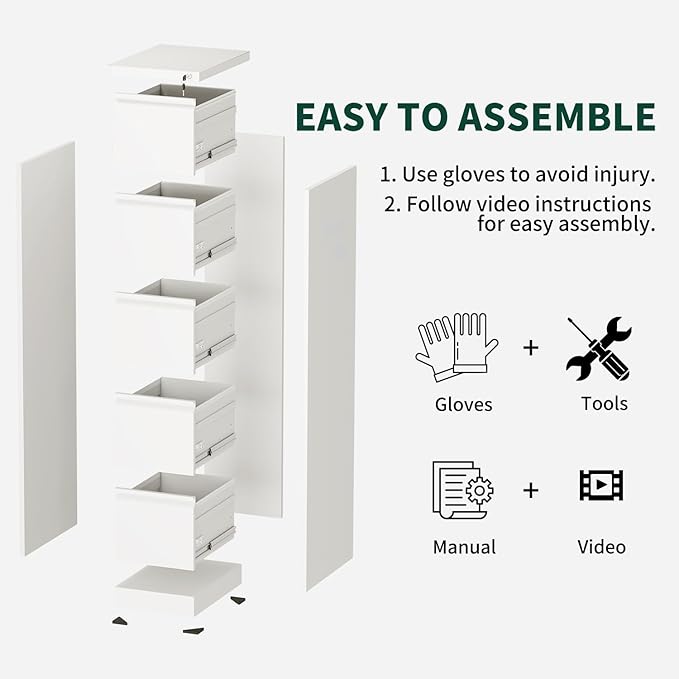 Yukimo 3 Drawer File Cabinet with Lock, Vertical File Cabinet with Lock, Locking File Cabinet Hanging Files for A4/ Legal/Letter,White