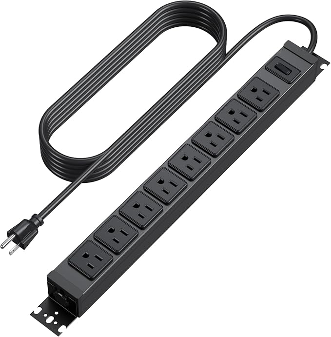 HHSOET Metal 360° Rotating Mountable Power Strip, 8 Outlet Gaming Table Mounted Long Power Strip, Heavy Duty Wall Mount Surge Protector with Switch, 15A 125V 1875W, 15ft Power Cord.(Black)