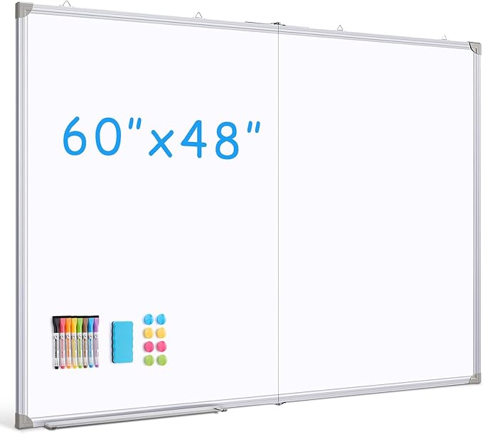 DOLLAR BOSS Large White Board 60 x 48 Inch Foldable Magnetic Whiteboard for Wall, Portable Double Sided Dry Erase Board, Aluminum Frame Message Board for School, Office, Classroom with Eraser, Markers