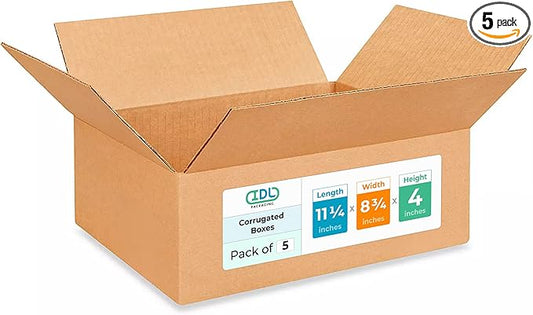 IDL Packaging - B-1184-5 11 1/4"L x 8 3/4"W x 4"H Letterhead Cardboard Box (Pack of 5) for Moving, Shipping or Storage, Made in USA, 100% Recyclable, Brown. Packaging Boxes for USPS, UPS, FEDEX Shipping