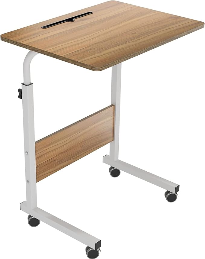 Rolling Laptop Desk Stand Up Desk Adjustable Mobile Laptop Desk, DlandHome 23.6 Inches Medium Size Side Table, Movable w/Tablet Slot & Wheels, Portable Stand for Bed Sofa Oak