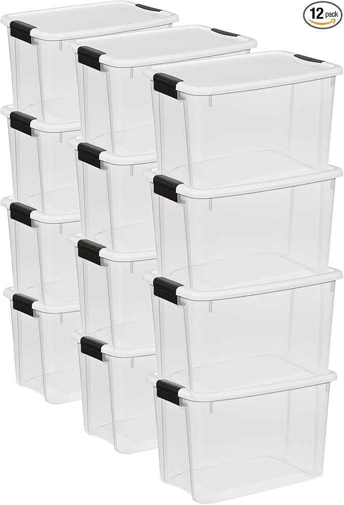 Sterilite 12-Pack Ultra Latching Box, Storage Bins with Lids, Clear Plastic, 30 Quart - Heavy-Duty Organizing Containers for Closet, Bathroom, and Office