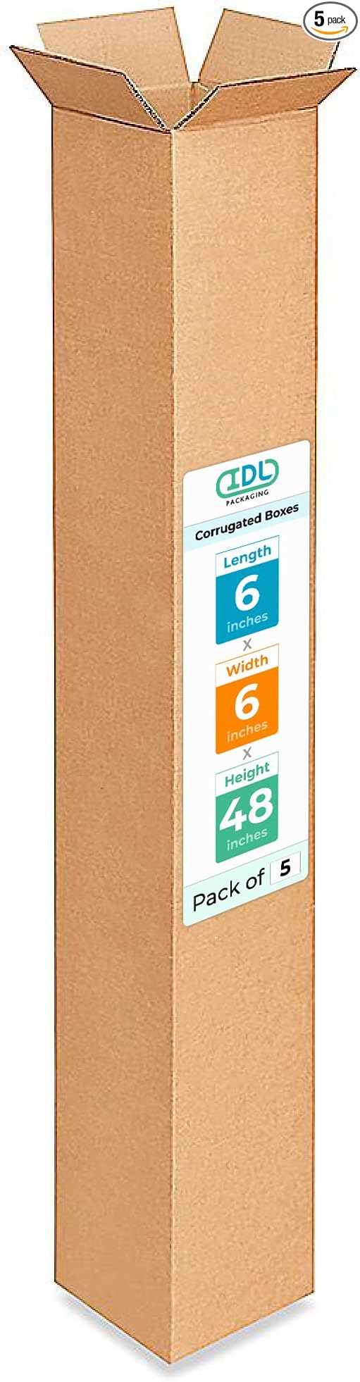 Tall Moving & Shipping Boxes 6 x 6 x 48 inches (5-Pack) - Extra Strength 200 lb vs Regular - Corrugated Packing Boxes for USPS/UPS/FEDEX - Moving Box, Made in USA - Carton Box by IDL Packaging