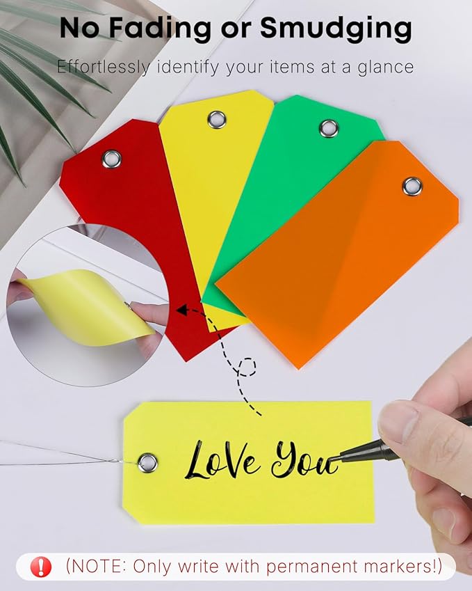 Uniclife 200 Pcs Plastic Tags for Labeling 4 Colors, 4.7"x 2.36" Plastic Shipping Tag with Wire Writable Waterproof Tag Price Tags with Reinforced Eyelet Blank Hang Label for Luggage