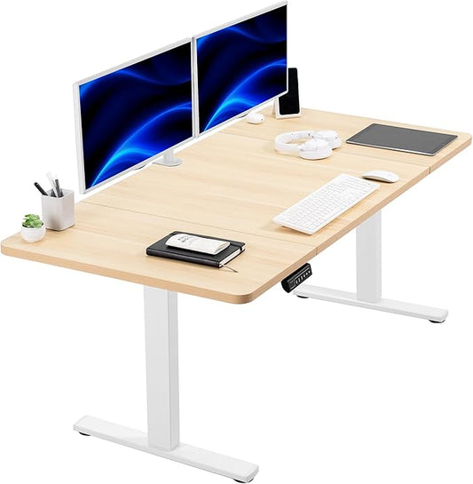 VIVO Electric 60 x 30 in Standing Desk, Memory Height Adjustment, 1B Series, Holds 220 lbs, Light Wood Top White Frame, DESK-KIT-1W6C-30