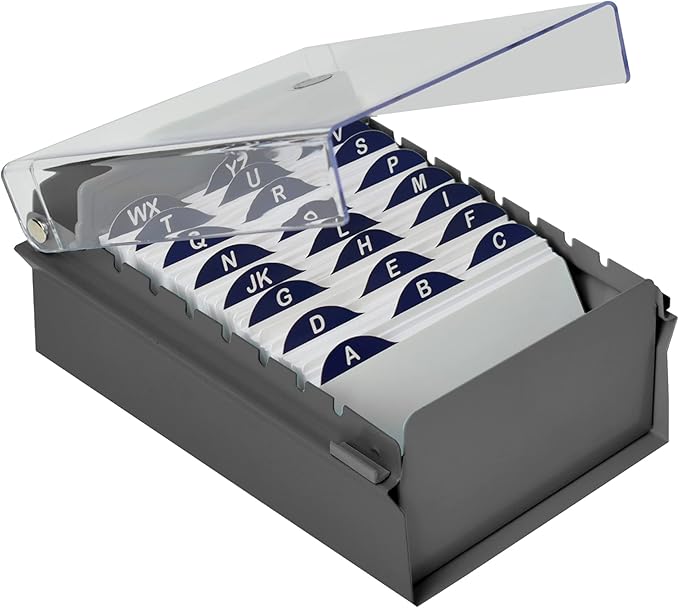 Acrimet 3 x 5 Card File Holder Organizer Box Metal Base Heavy Duty (AZ Index Cards and Divider Included) (Gray Color with Clear Crystal Plastic Lid Cover)