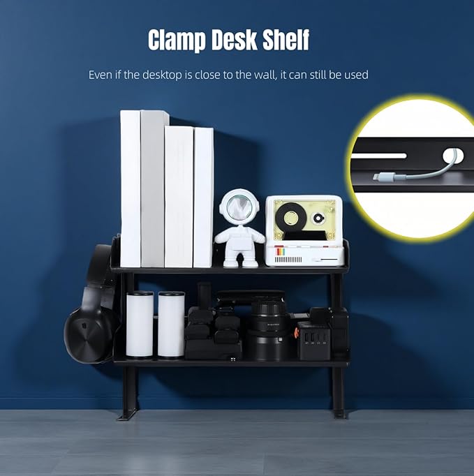 Yuxh Clamp On Desk Shelf 2 Tier Cilp Under Table Organizer, Black-S, 15 inch