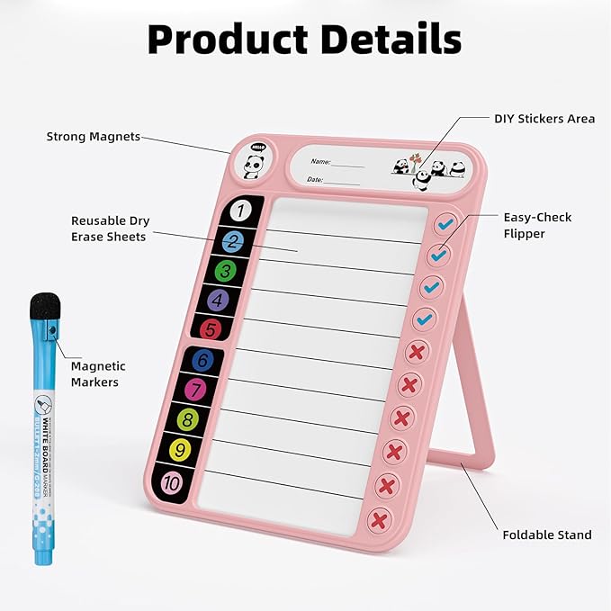 Magnetic Chore Chart for Kids, ADHD Task Tracker Easy-Check Routine Dry Erase Board, to-Do List Planning Tool with Stand for Fridge/Desk/Home/School, 6 Reusable Sheets, 2 Markers