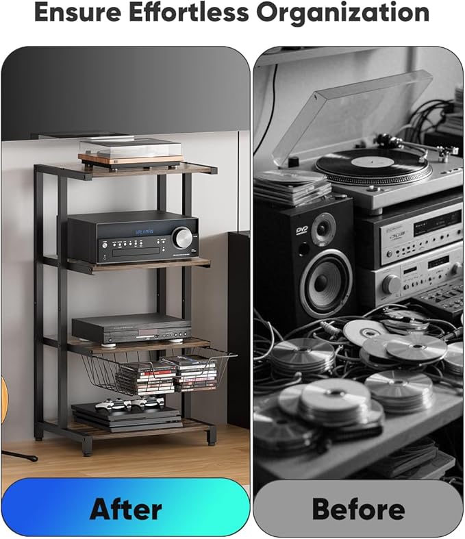 Ardier Media Stand with Detachable Baskets, 4-Tier AV Media Stand Corner Shelf for DVD Players/Cable Boxes/Games Consoles, Audio Storage Rack for Living Room, Gaming Room, Music Studio, Black