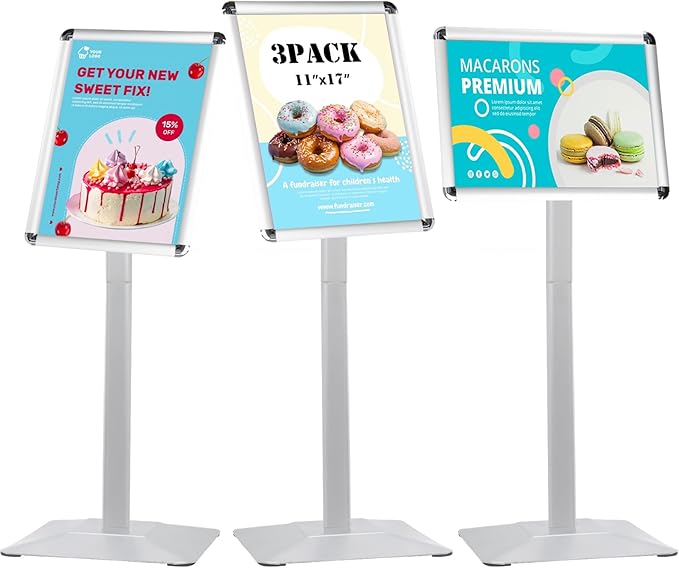 STANDNEE Heavy-duty Poster Stand Holder 11"x 17" Pedestal Floor Standing Sign Holder Vertical and Horizontal View Sign Display, Aluminum Snap Open Frame with Safety Corner, Silver (3 Packs)
