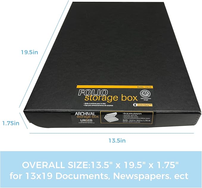 Lineco Folio Storage Box, Clamshell Design with Metal Edge. 13.5x19.5x1.75 Inches, Archival Boxboard, Preserve Photos, Cards, Magazines, Documents, Art, Ephemera, Family Records, Black, Pack of 1