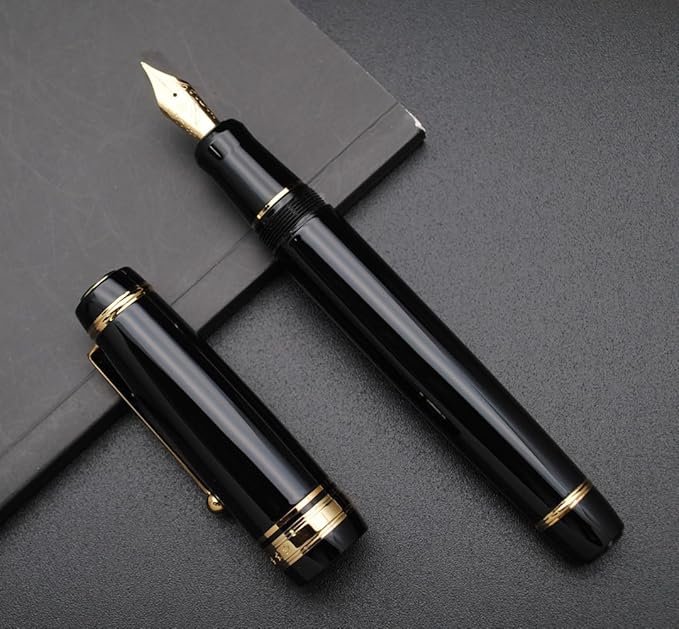 xixixiaozhu Metal Big Fountain Pen, Medium Nib 0.7mm, Includes Ink Converter & 5 Cartridges, Glossy Piano Painted Finish (Black)