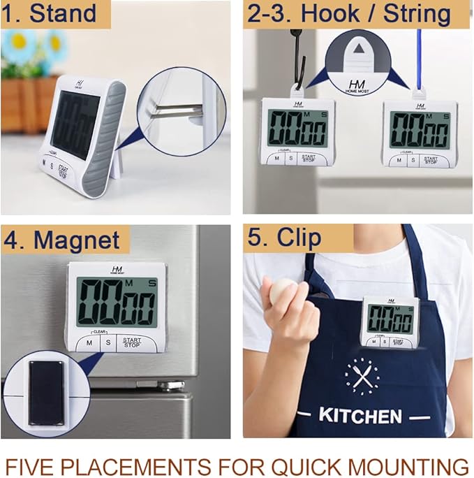 HOME MOST 2-Pack Large Display Kitchen Timer - 3" Digital Timer Magnetic Back Loud Alarm - White Cooking Timers for Kitchen Teachers Students Games Meetings - Sports Timer for Workouts Exercise