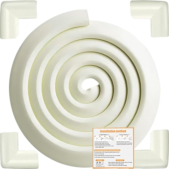 Baby Proof Corners and Edges Protector 10ft Edge+4 Corner Guard, Fireplace Baby Proofing Bumper, Heavy-Duty Soft NBR Foam Edge Corner Protector for Furniture Table, Childsafe/Pre-Taped White