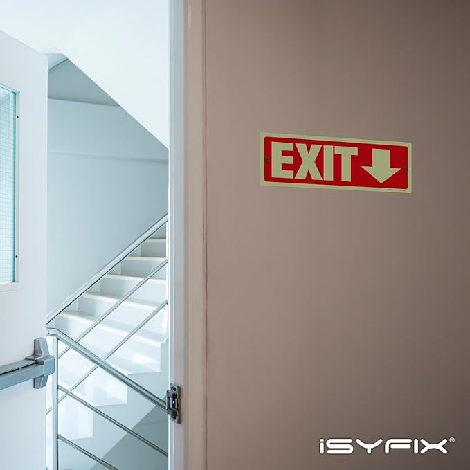 iSYFIX Exit Signs with Directional Down Arrow - 12 Pack 12x4 Inch Glow in the Dark for Business, School, Office, Warehouse - Durable 40 Mil Polystyrene, UV Laminated, Waterproof, Scratch & Fade Resistant