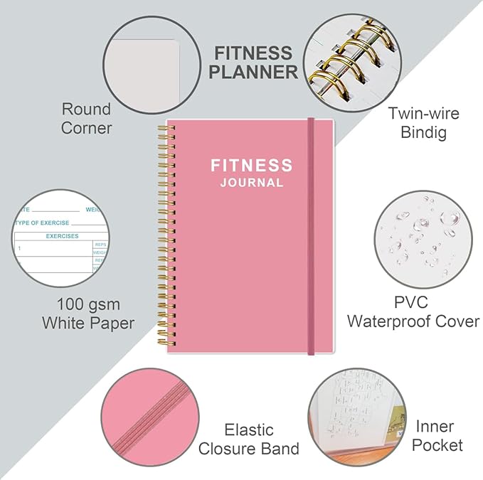 Fitness Journal for Women & Men - A5 Workout Journal/Planner Daily Exercise Log Book to Weight Loss, Gym, Muscle Gain, Bodybuilding Progress - Daily Personal Health & Wellness Tracker, Spiral-Bound, 5.8" x 8.3", Pink