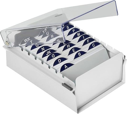 Acrimet 3 x 5 Card File Holder Organizer Box Metal Base Heavy Duty (AZ Index Cards and Divider Included) (White Color with Clear Crystal Plastic Lid Cover)