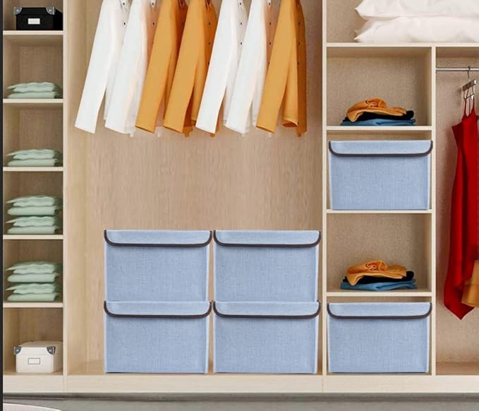 Bagnizer Foldable Storage Bins with Lids, Decorative Storage Baskets, Large Storage Boxes for Home, Office, Bedroom, Closet, Blue, Medium, 4 Pack 14.6 x 9.5 x 9.5”