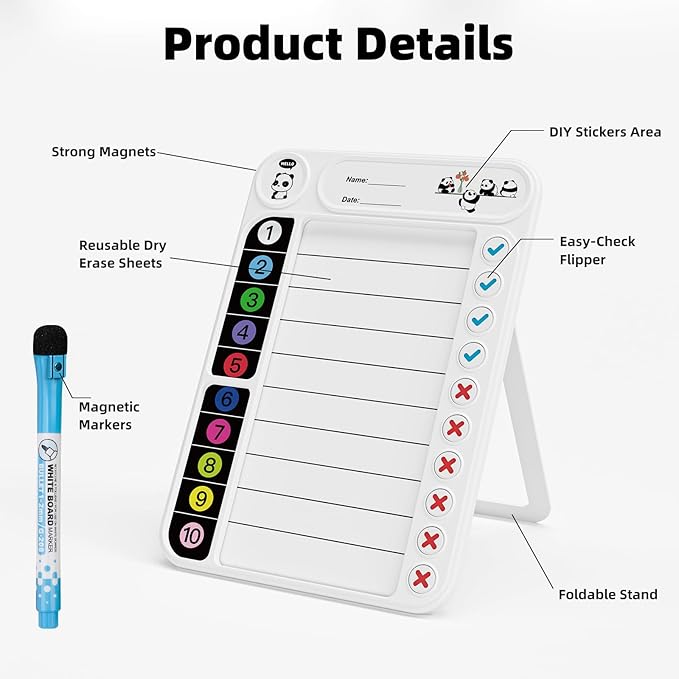 2-Pack Magnetic Chore Chart for Kids, ADHD Task Tracker Easy-Check Routine Dry Erase Board, to-Do List Planning Tool with Stand for Fridge/Desk/Home/School, 6 Reusable Sheets, 4 Markers White