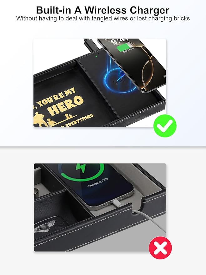 Gifts for Dad Valet Tray, Built-in Wireless Charger, Nightstand Organizer, Dresser Organizer, Mens Jewelry Box, Valet Charging Station, Gifts for Dad from Daughter Son Wife, Black