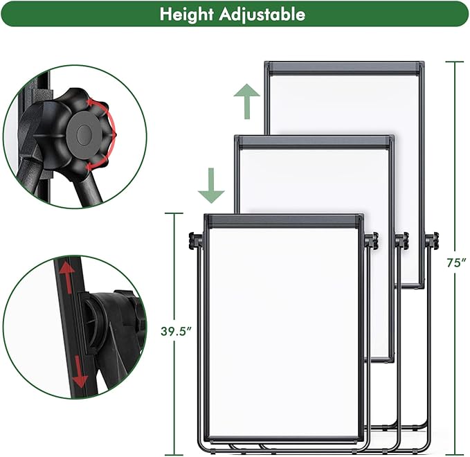 Stand White Board Magnetic 40 x 28 inches Dry Erase Board Double Sided Height Adjustable Flip Chart Easel with Flipchart Hooks for Teaching Presentation Meeting, Black