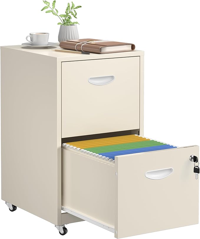 SteeLoong 2 Drawer File Cabinet with Lock，Cream Rolling File Cabinet for Home Office, Metal Small Mobile Filing Cabinets on Wheels for Hanging Letter