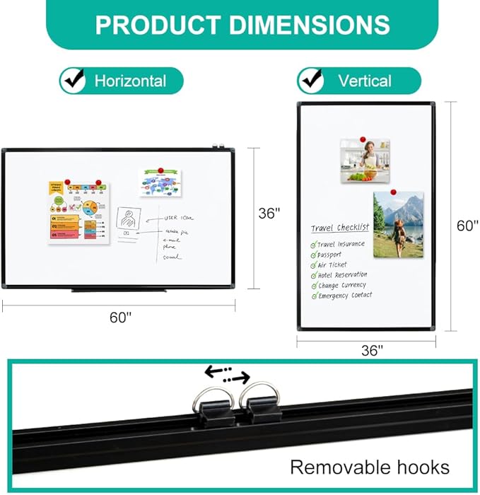 XIWODE Large 36x60 Inch Magnetic Dry Erase Whiteboard，Black Aluminum Frame Wall-Mounted for Home School Office Conference Room