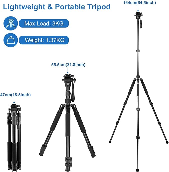 PULUZ 64"/164cm Video Tripod, Metal Camera Tripod with 360°Fluid Drag Head, Quick Release Plate Compatible with Canon Nikon Sony and Other DSLR Camera Camcorder for Photography/Videography