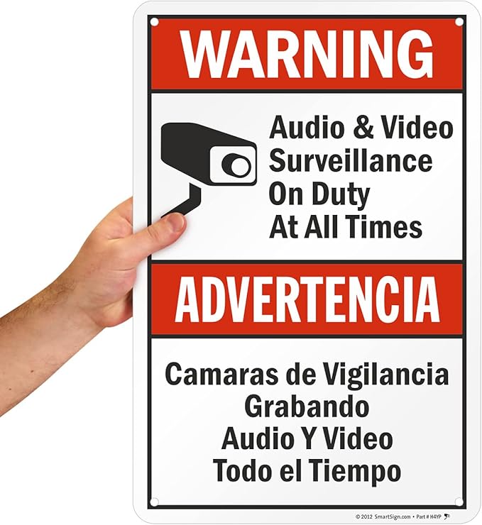 SmartSign 18 x 12 inch “Warning - Audio & Video Surveillance On Duty At All Times” Bilingual Sign, 63 mil Laminated Rustproof Aluminum, Red, Black and White, Made in USA