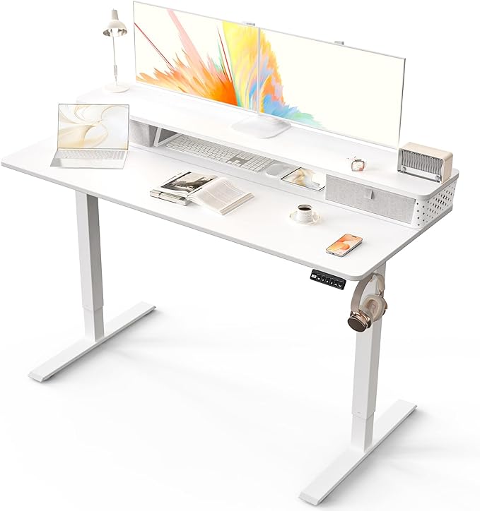 Kingant 55 x 24 Inch Electric Standing Desk with Dual Drawers, Height Adjustable Sit to Stand Computer Desk with Storage Shelf and C-Clamp Mount Compatibility for Home Office, White