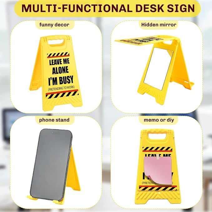 Funny Office Desk Accessories,Office Cubicle Decor,Desk Decor，Phone Holder Mirror Acrylic Table Signs，Joke Warning Team Mini Gifts for Coworker Employee Manager Director Supervisor (Leave Me Alone)