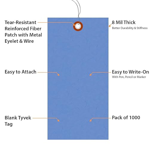 SmartSign (Pack of 1000) 6.25 x 3.125 inch “Blue” Blank Tyvek Shipping Tags with Wire, Size #8, 8 mil Thick Tyvek
