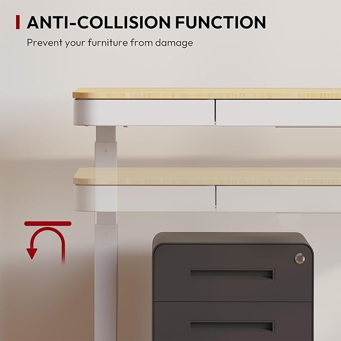 Standing Desk with Drawer, Electric Height Adjustable Home Office Desk with Storage & USB Ports, 55 inch Maple Wood Tabletop/White Frame