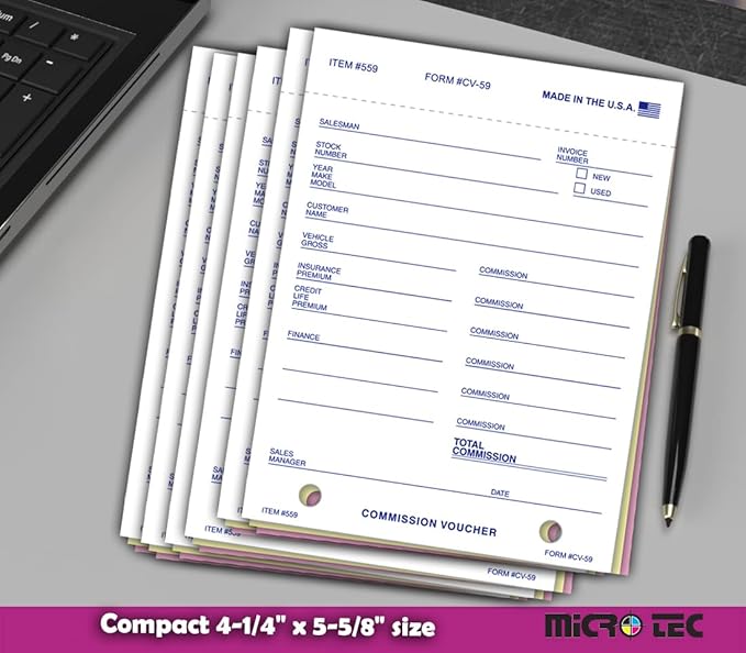 Commission Voucher Book CV-59-3 Part Carbonless Forms, Triplicate NCR Receipt Book, Snap-Out Pre-Punched with File Holes Commission Vouchers, Blue Ink, 4.25 x 5.625 Inch - Pack of 400