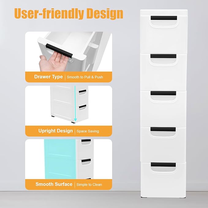 YARDOMGAR 5-Drawer Storage Cabinet with Removable Drawers - 7.87x15.75×33.07in White PP Vertical Plastic Storage Drawers for Toys & Home Decor, 22lbs Capacity (B-White)