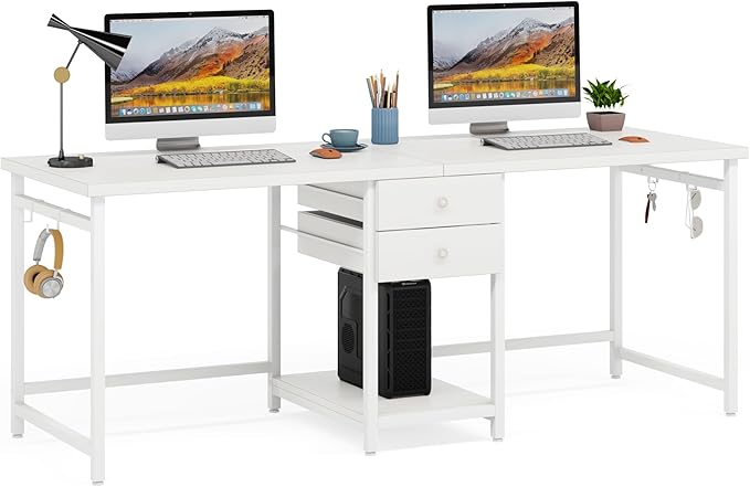 Tribesigns 79 Inch Extra Long Double Desk with 2 Drawers, Two Person Computer Desk with Storage Shelves, Writing Table Study Desk for Home Office, White