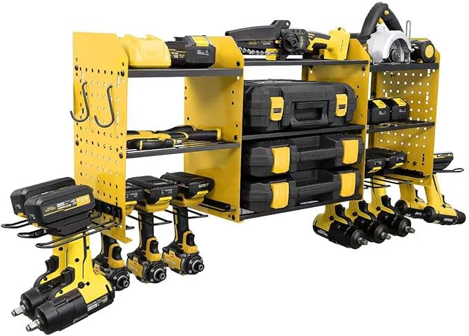 Large Power Tool Organizer Wall Mount with Charging Station, Heavy Duty Cordless Drill Holder, Garage Tool Storage Battery Rack with 8 Outlet, Gift for Men Husband Dad Birthday Anniversary Yellow