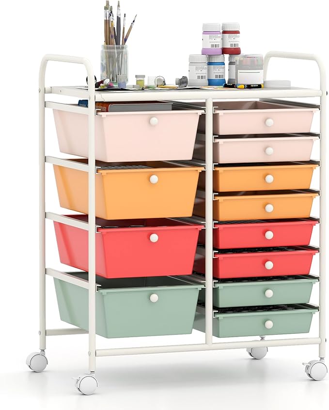 Giantex 12 Drawer Rolling Cart with Drawers, Storage Organizer Cart for Classroom Office School Teacher, Mobile Drawer Cart for Tools, Crafts, Small Printer, Macaron Multicolor