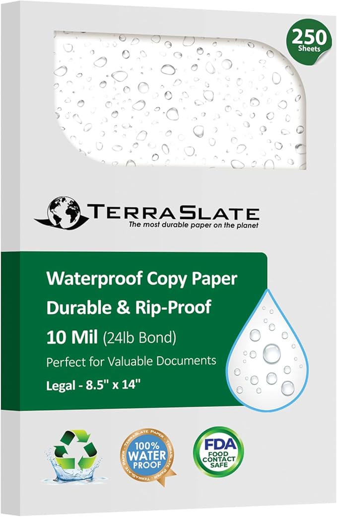 TerraSlate Printable Waterproof Paper for Laser Printer, 10 MIL 8.5" x 14", 250 Sheets, Matte White Printer Paper, Rip-Resistant, Weather/Rain Proof Copy Paper