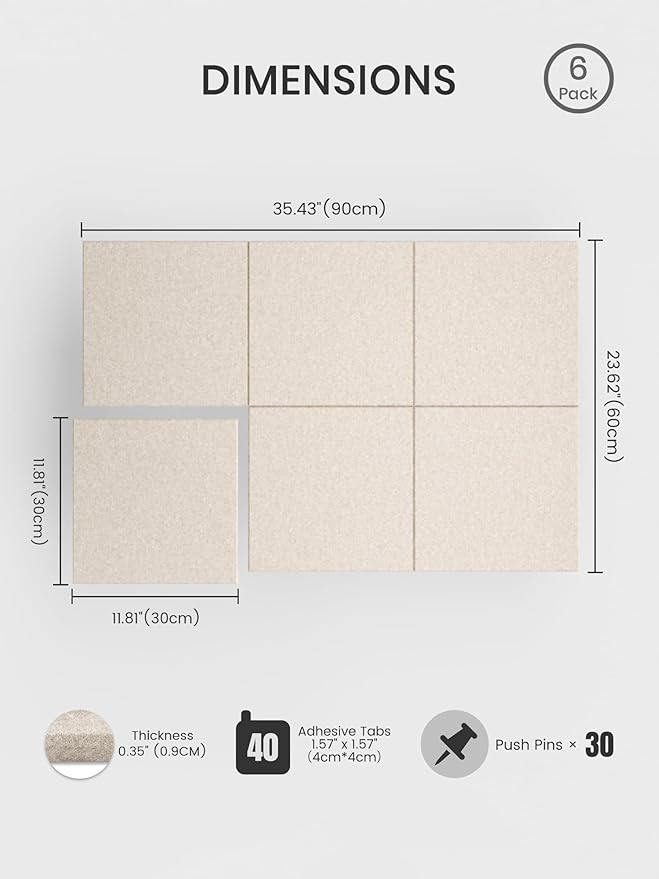 Bumusty Large Cork Board 36" x 24" Alternative - 6 Pack Felt Wall Tiles with 40 Safe Removable Adhesive Tabs, 30 Pushpins, Cork Boards for Walls Pin Board Bulletin Board Office Decor (Oatmeal)
