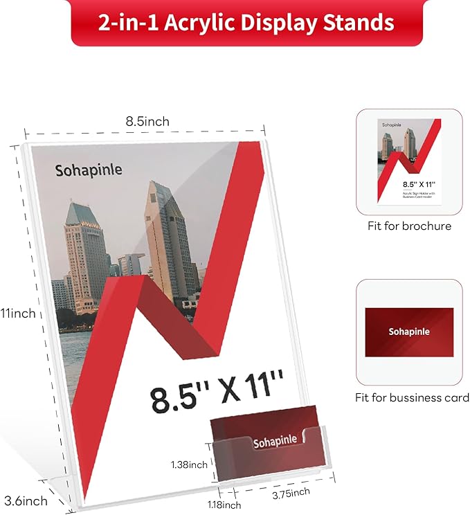 Acrylic Sign Holder 8.5 x 11 Inches with Business Card Holder Clear Plastic Brochure Flyer Display Stand Slanted Countertop Organizer for Pamphlets Magazines Booklets Menus, 4 Pack