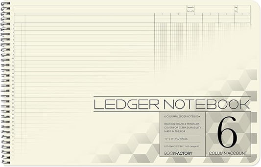 BookFactory Accounting Ledger Notebook/Large 6 Column Accounting Ledger Columnar (Six Columns) Log Book - 17'' x 11'', 100 Pages, Wire-O Landscape Format (Made in USA)