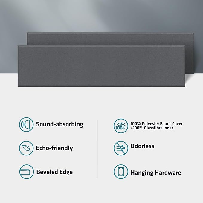 2” Thick Acoustic Panels with Hanging Brackets to the Wall, 2 PCS 47.2” x 11.8” Fiberglass Sound Absorbing Panels for Home Theater Church Office Wall or Ceiling, Medium Grey