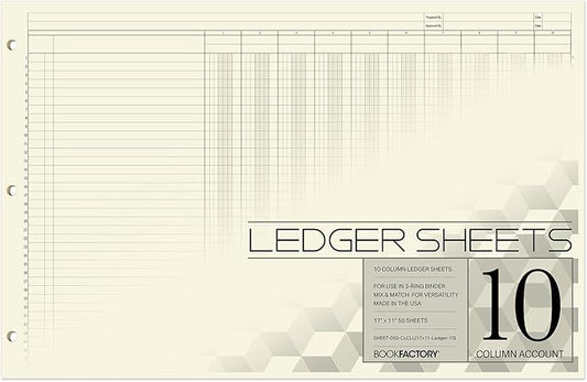 BookFactory Ledger Sheets/Large 10 Column Accounting Ledger Columnar (Ten Columns) Loose Leaf Paper - 17'' x 11'', 50 Pages, Loose Leaf, 3 Hole Punched (Made in USA)